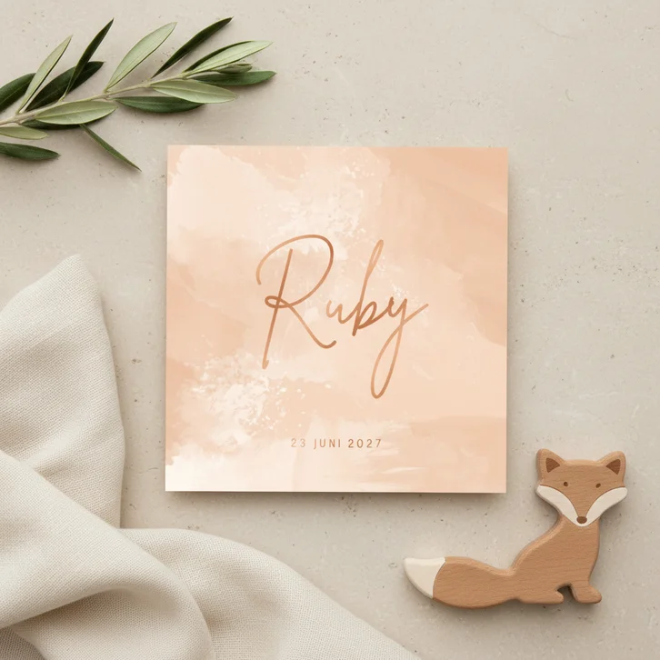 Geboortekaartje waterverf zalmroze stijlvol minimalistisch