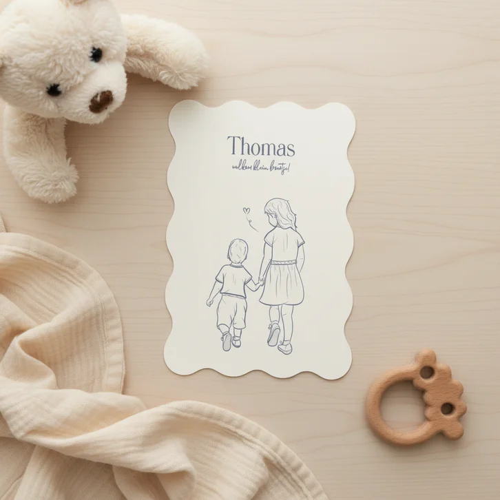 Geboortekaartje wave broertje met lijn illustratie wit blauw