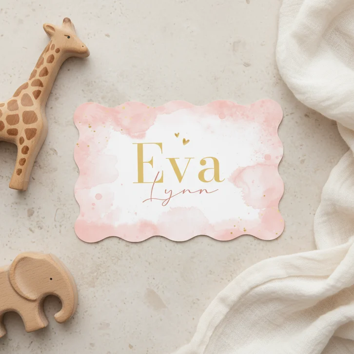 Geboortekaartje wave vorm roze waterverf goud hartje