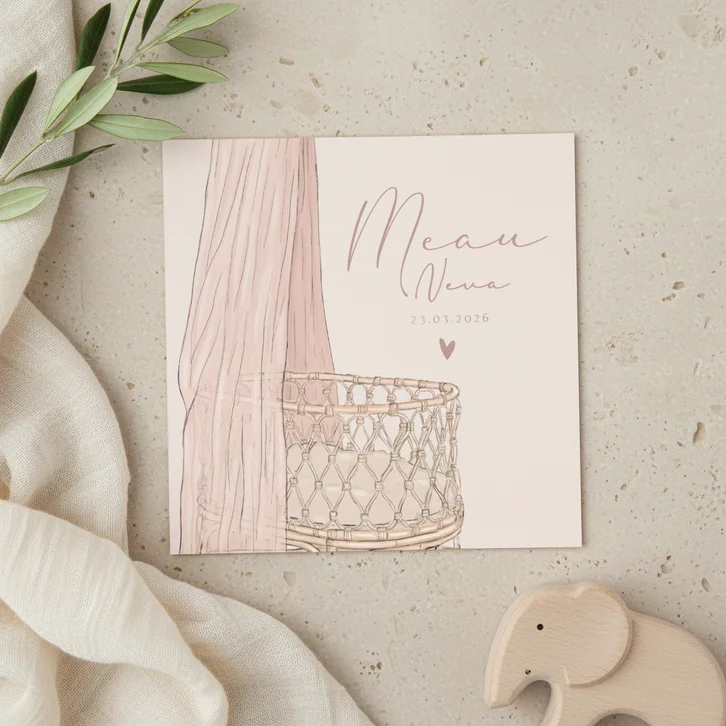 Geboortekaartje wiegje hip meisje roze