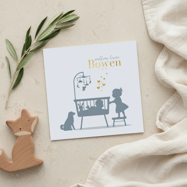 Geboortekaartje wiegje met baby en zusje blauw