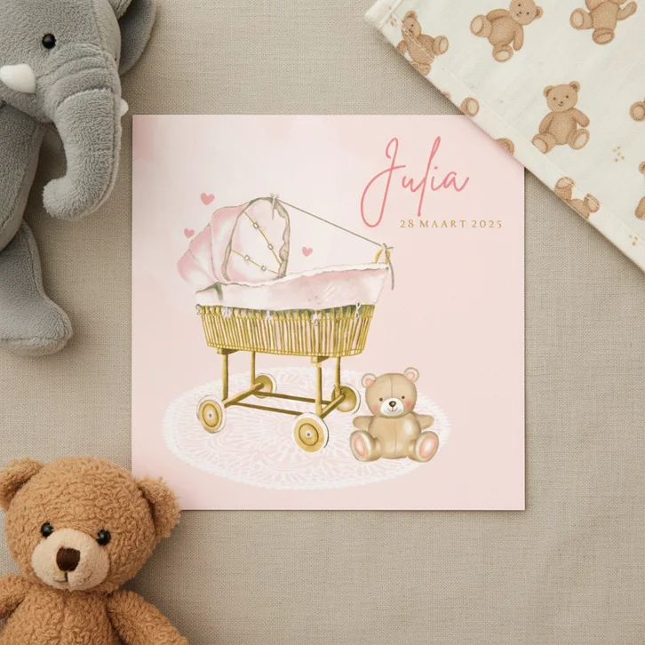 Geboortekaartje wiegje rotan voor meisje met beertje