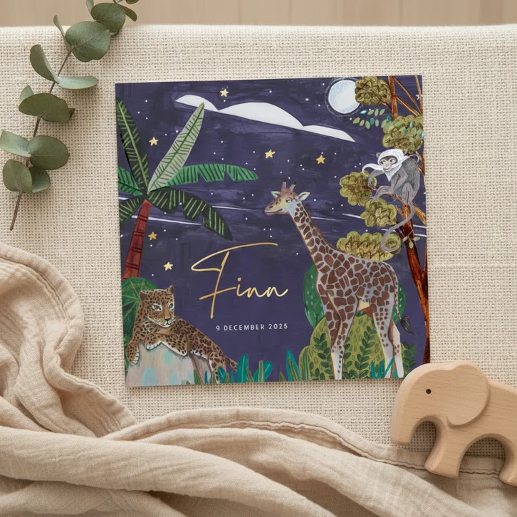 Geboortekaartje wilde dieren in de jungle in de nacht