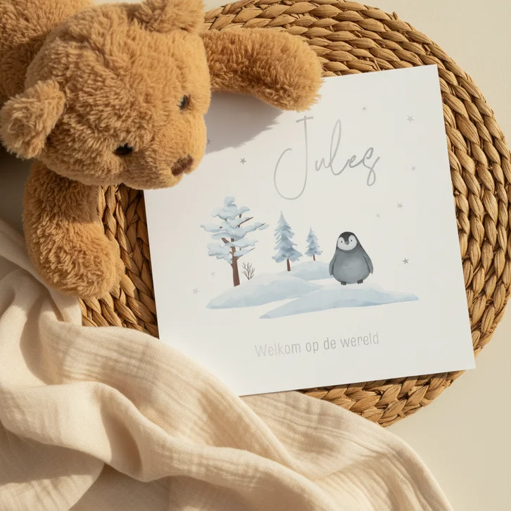 Geboortekaartje winter illustratie pinguïn sneeuw zilver