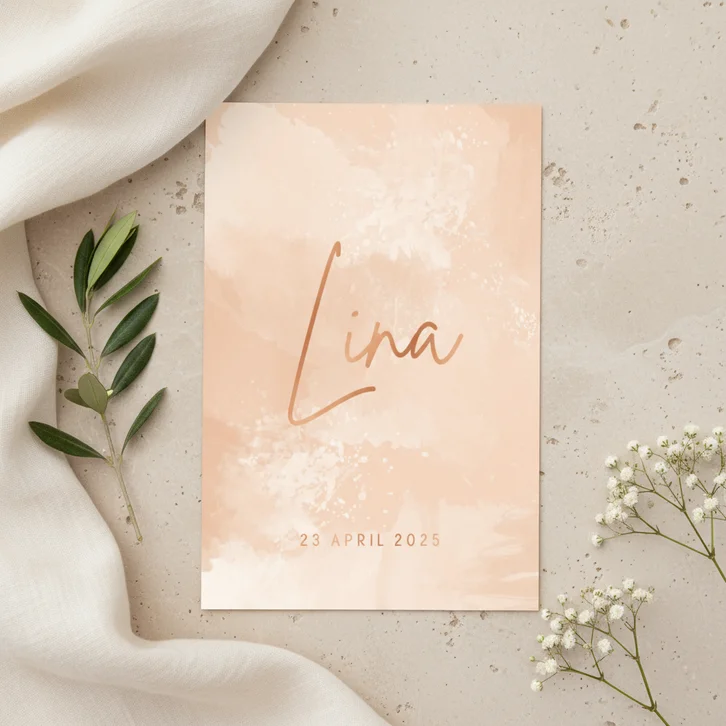 Geboortekaartje zalmroze waterverf stijlvol minimalistisch
