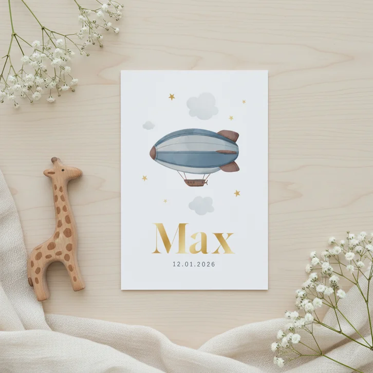Geboortekaartje zeppelin sterren goud wolkjes