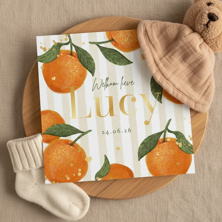 Geboortekaartje zomer fruit mandarijn hartjes goud