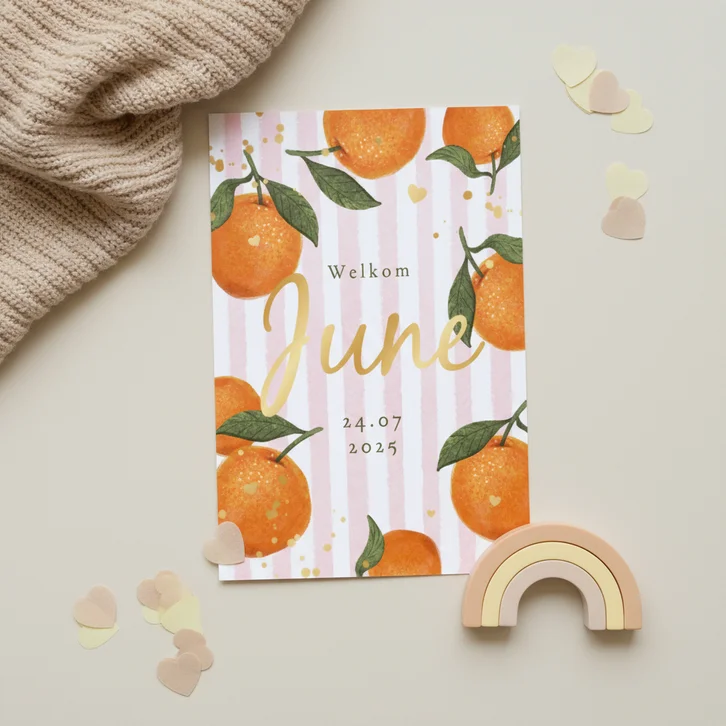 Geboortekaartje zomer meisje mandarijn hartjes goud fruit