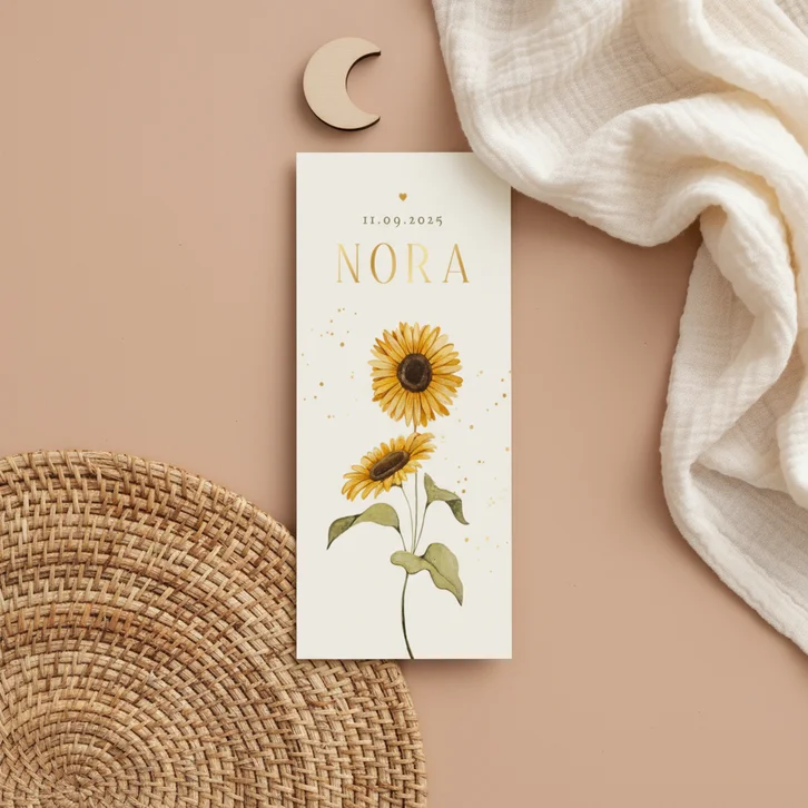 Geboortekaartje zomer zonnebloem goud hartje lief