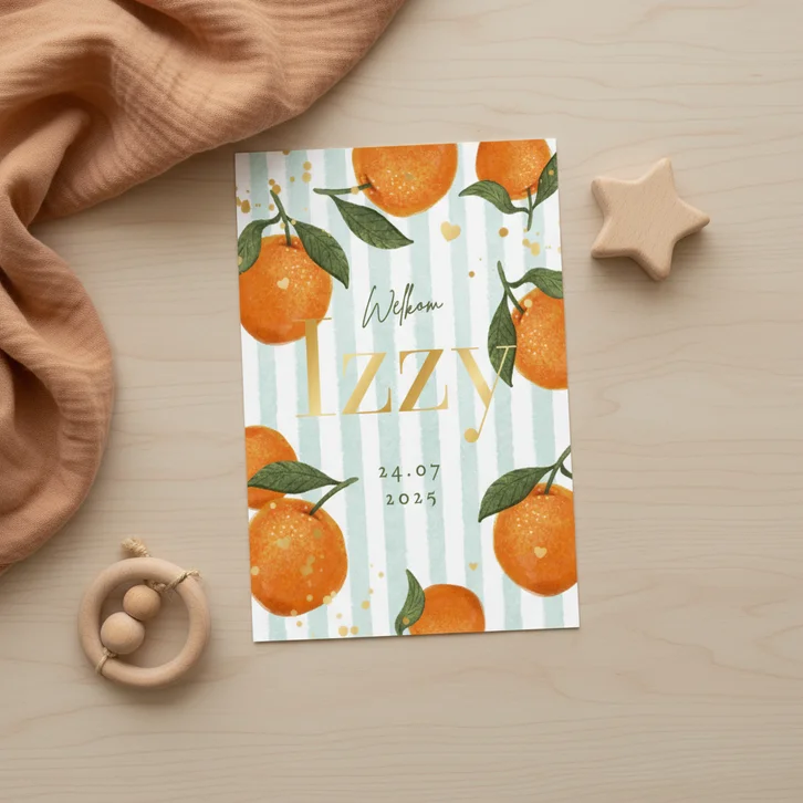 Geboortekaartje zomers mandarijn hartjes goud fruit