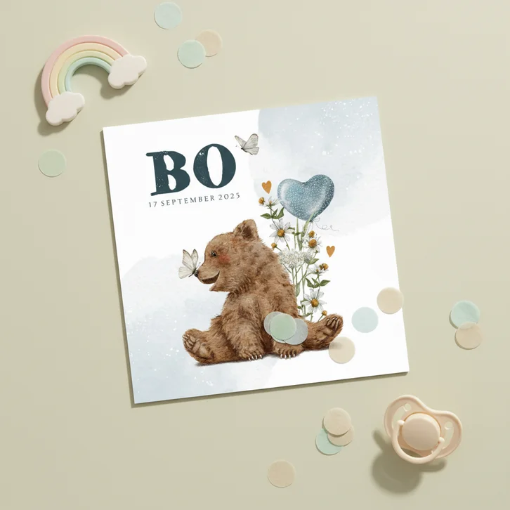 Geboortekaartje zoon met beertje vlinders en ballon