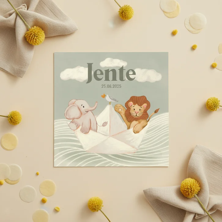 Geboortekaartje zoon met papieren bootje, leeuw en olifant