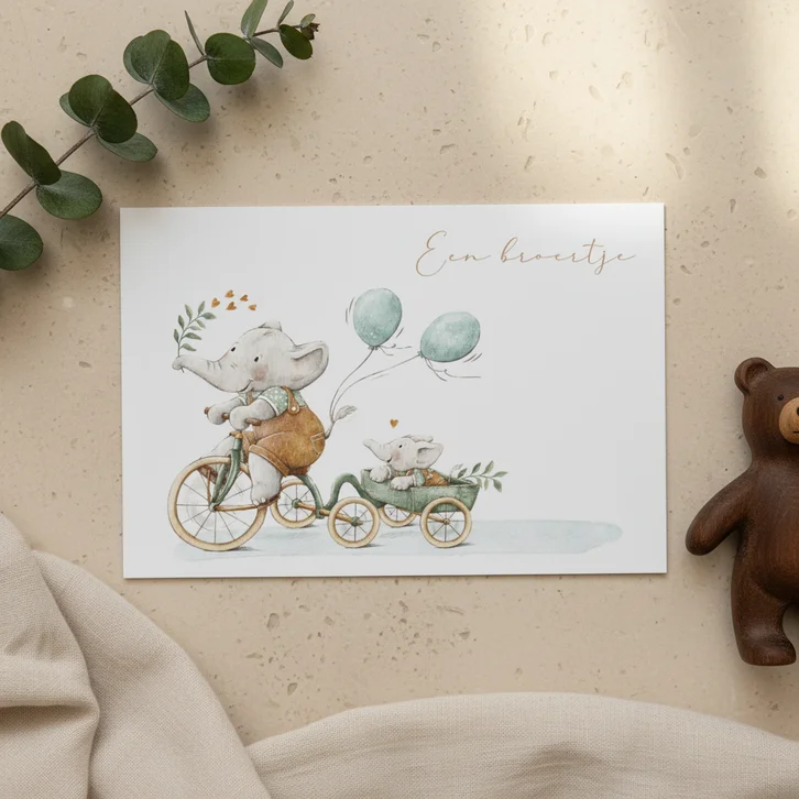Geboortekaartje zoon met twee olifantjes samen op de fiets