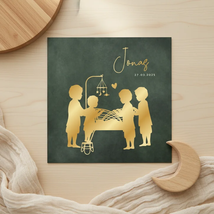 Geboortekaartje zoon silhouet gezin met wiegje 5e kindje