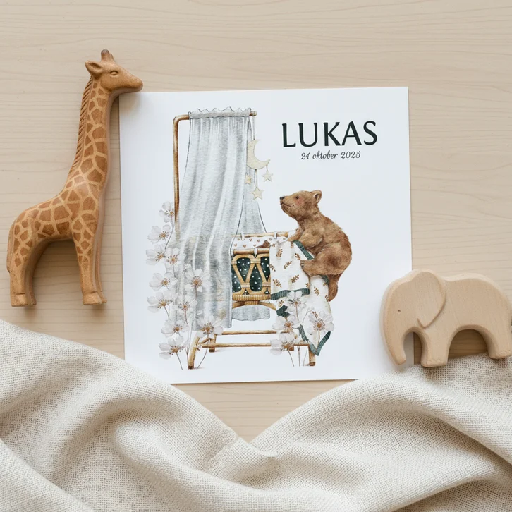 Geboortekaartje zoon voor broertje met beertje in wieg
