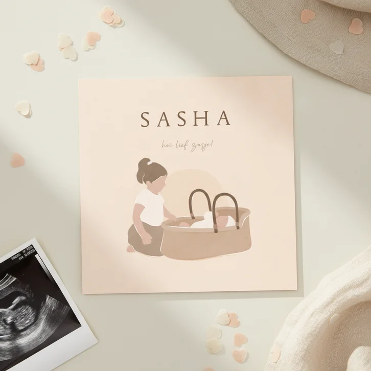 Geboortekaartje zus met illustratie baby in mandje
