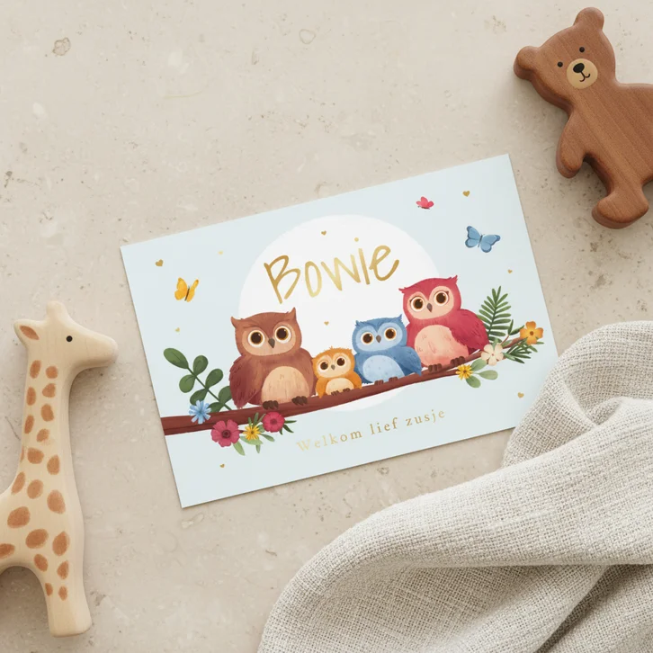 Geboortekaartje zusje broertje uiltjes boom vlinders hartjes
