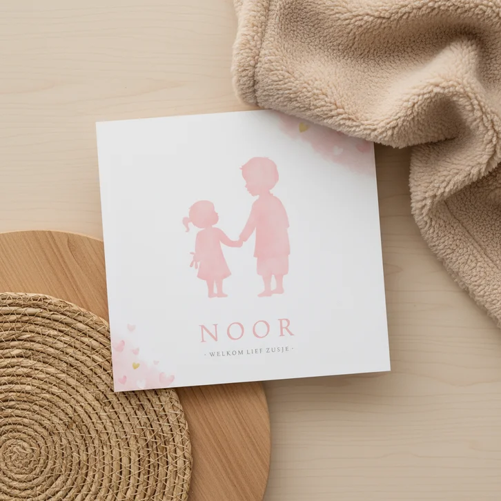 Geboortekaartje zusje en broer - waterverf met roze hartjes