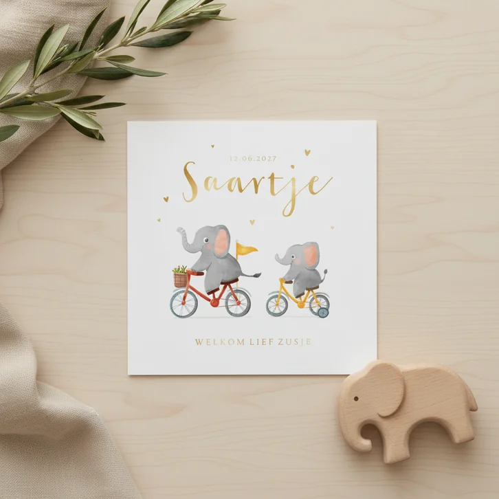 Geboortekaartje zusje hartjes goud olifantjes