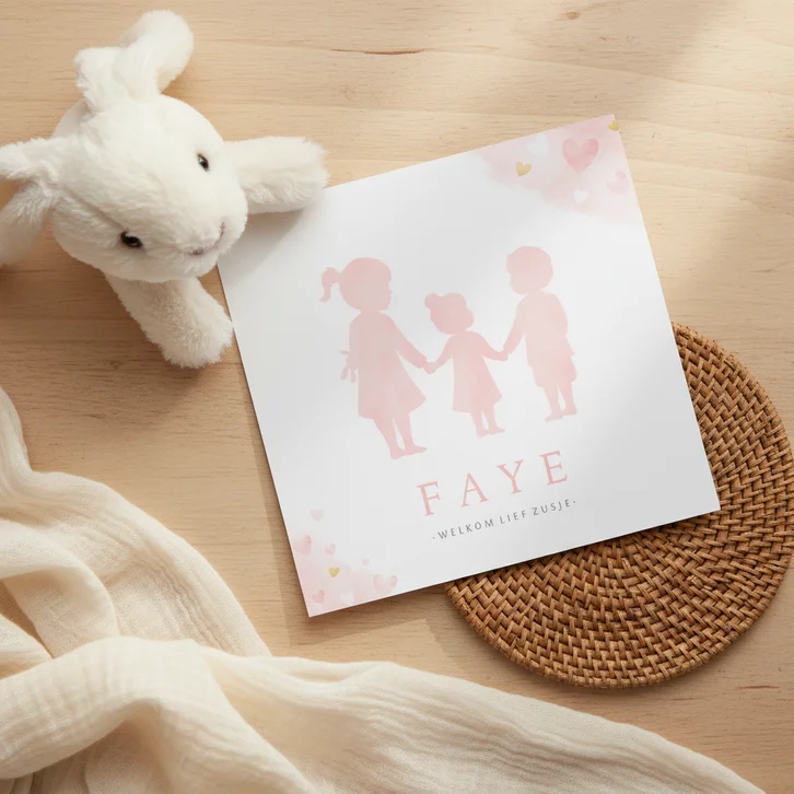 Geboortekaartje zusje met silhouet van grote zus en broer