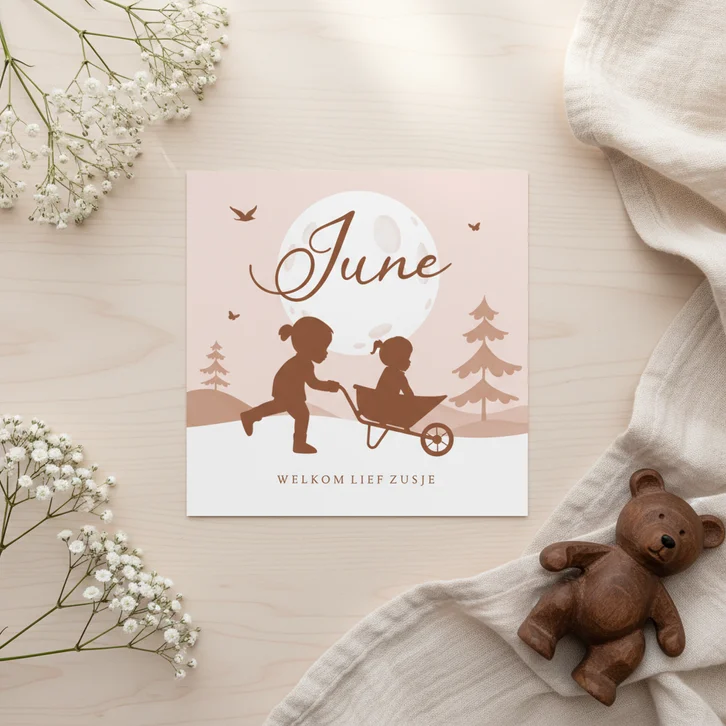 Geboortekaartje zusje silhouetjes kruiwagen natuur bomen