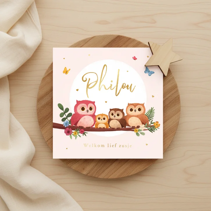 Geboortekaartje zusje uiltjes lief schattig boom bloemen