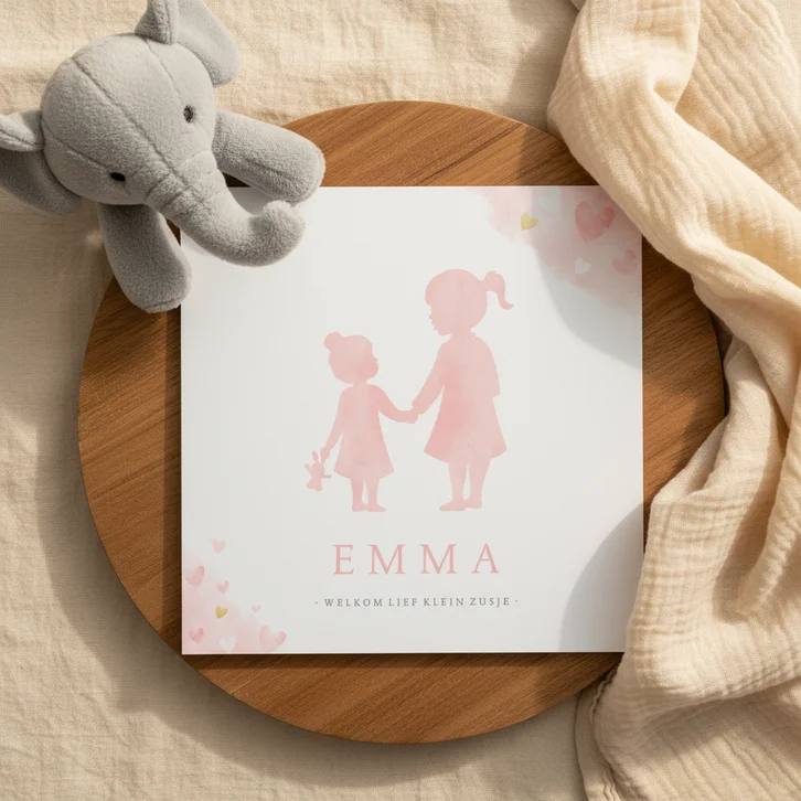 Geboortekaartje zusje - waterverf met roze en gouden hartjes