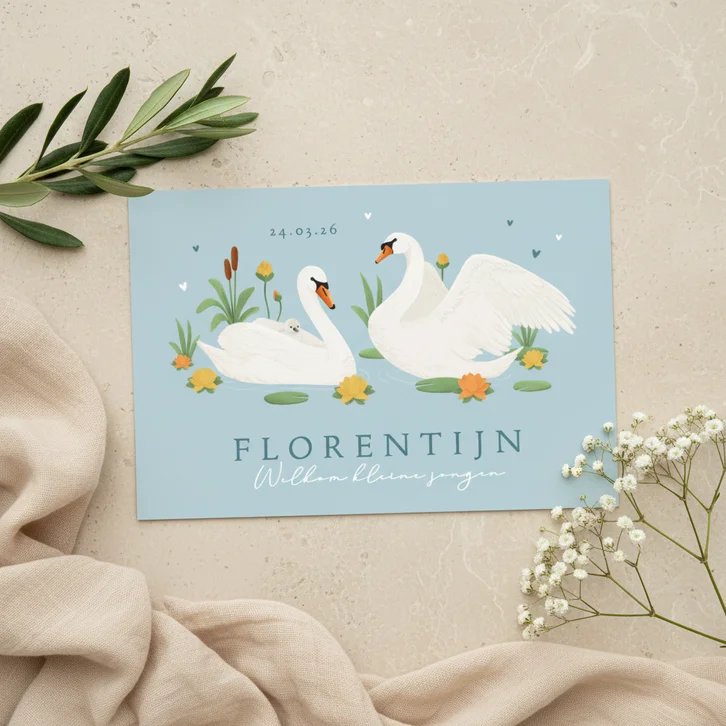 Geboortekaartje zwaan waterlelie blauw stijlvol gezin