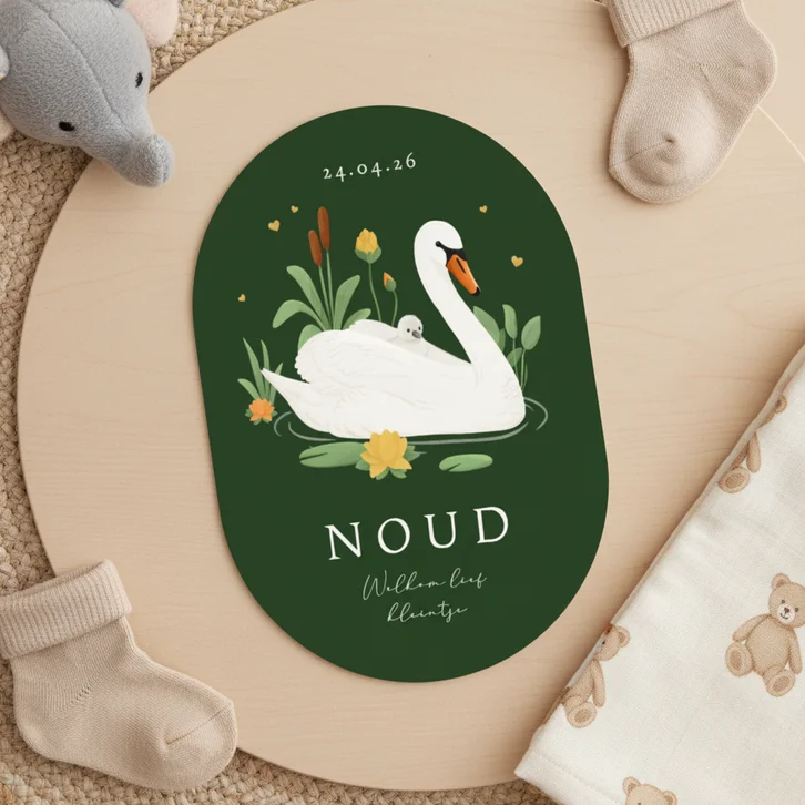 Geboortekaartje zwaan waterlelie groen stijlvol pilvorm