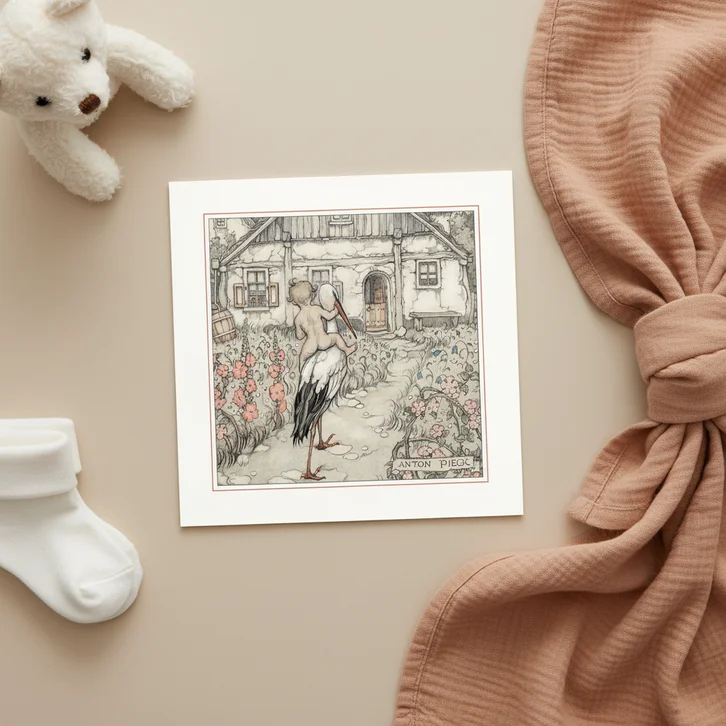 Geboortekaartjes - Baby op rug ooievaar richting huis