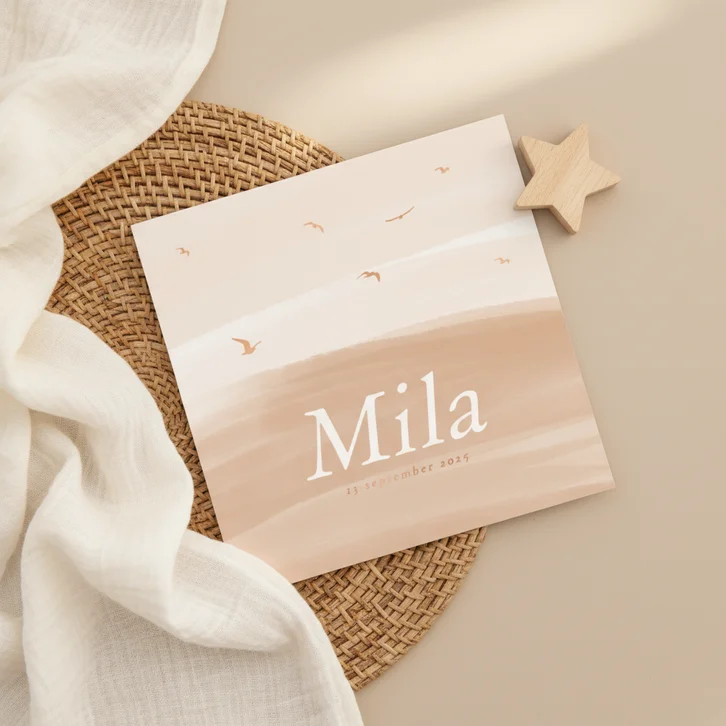 Geboortekaartjes beige waterverf met vogeltjes stijlvol