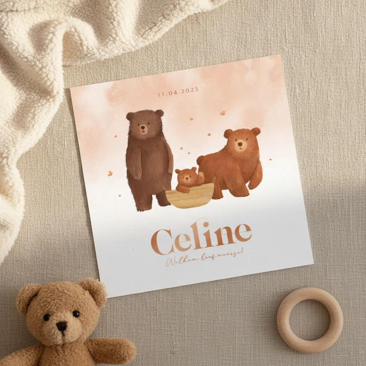 Geboortekaartjes beren familie lief waterverf vlinders