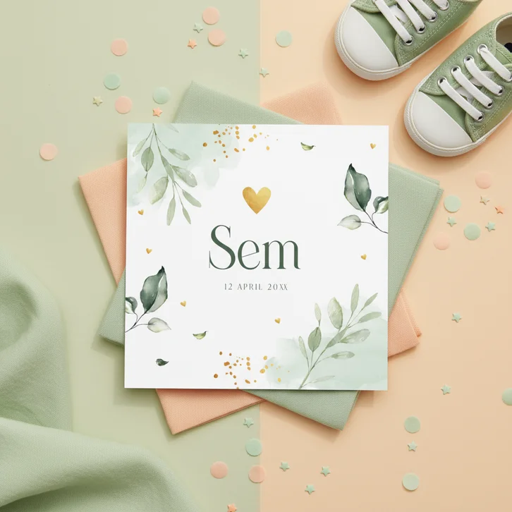 Geboortekaartjes jongen botanisch bladeren groen watercolour