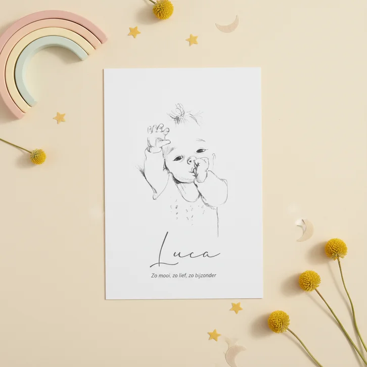 Geboortekaartjes - Pentekening duimende baby