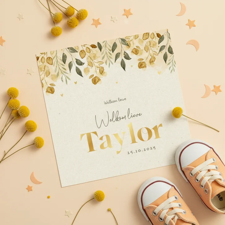 Geboortekaartjes takjes herfst hartjes goud papierlook