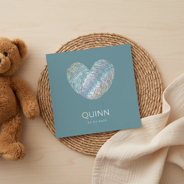 Gender neutraal geboortekaartje met 2 vingerafdrukken hart