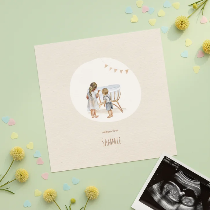 Getekend geboortekaartje derde kind wiegje