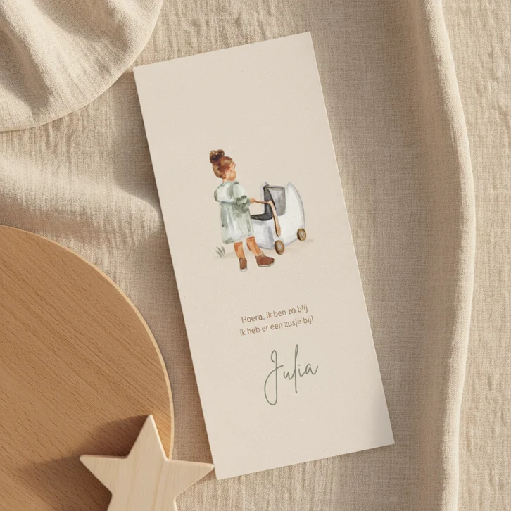 Getekend geboortekaartje tweede kind grote zus kinderwagen