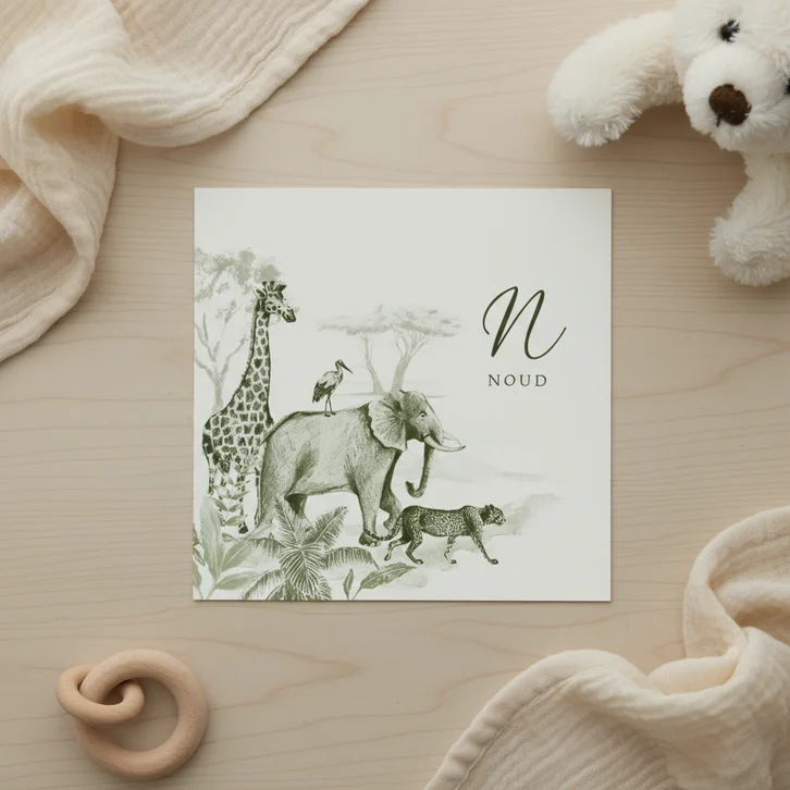 Groen vintage geboortekaartje jungledieren
