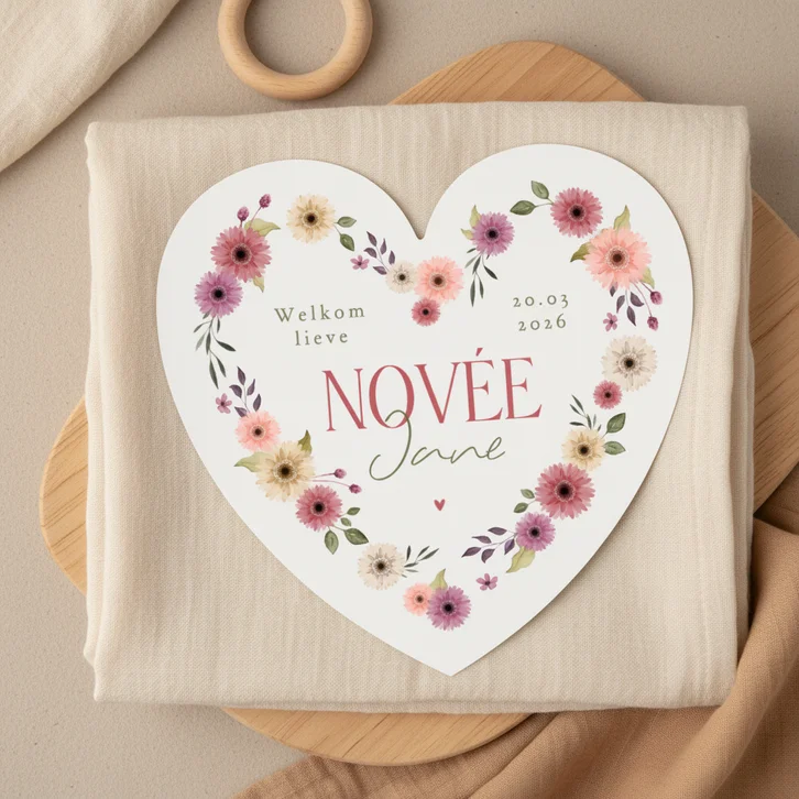 Hartvorm geboortekaartje bloemen meisje vintage stijlvol