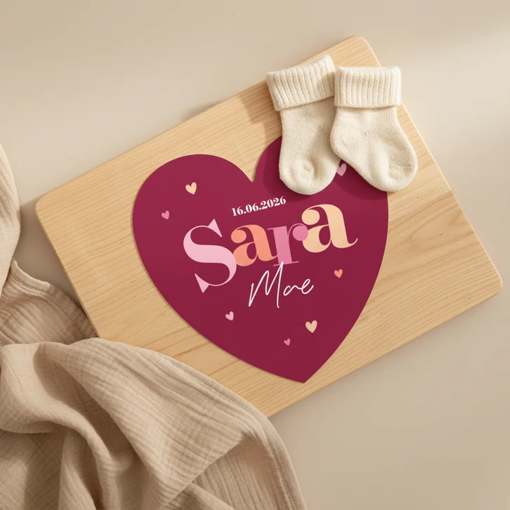 Hartvorm grafisch geboortekaartje hartjes kleurrijk stoer