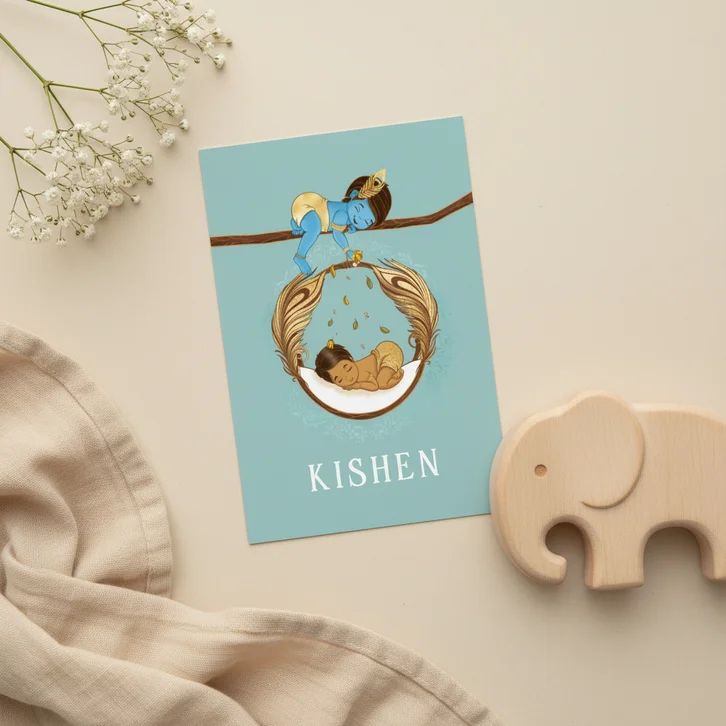 Hindoestaanse geboortekaartje Krishna en baby
