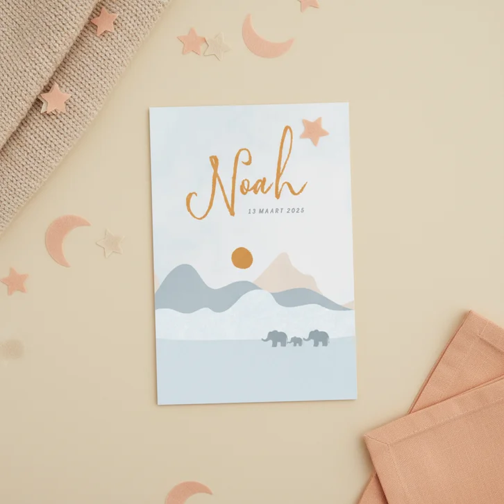 Hip blauw geboortekaartje landschap met olifantjes