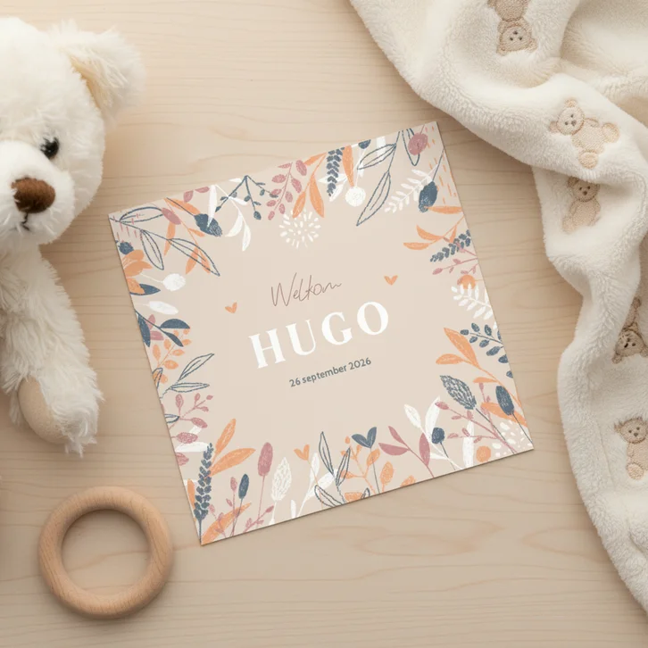 Hip botanisch geboortekaartje handgetekende bloemen gekleurd