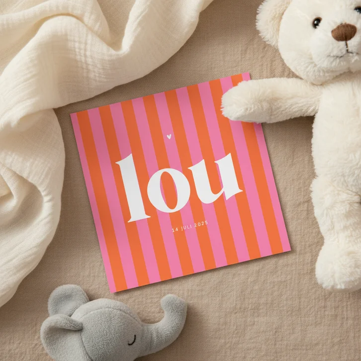 Hip en trendy geboortekaartje gestreept roze oranje hartje