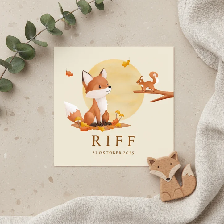 Hip geboortekaartje bosdieren illustratie vosje en eekhoorn