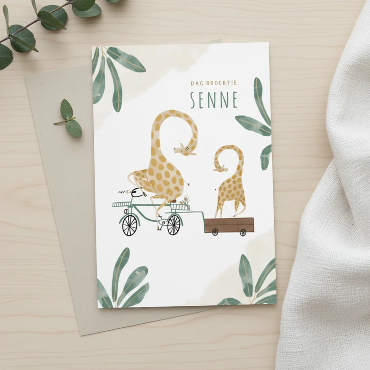 Hip geboortekaartje dag broertje giraffen bakfiets waterverf