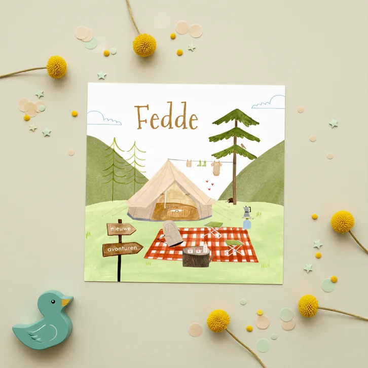 Hip geboortekaartje kamperen bergen tent wipstoel