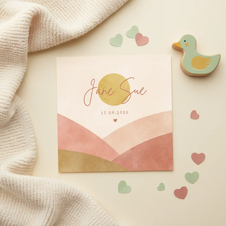 Hip geboortekaartje met heuvels, hartje en zonnetje meisje