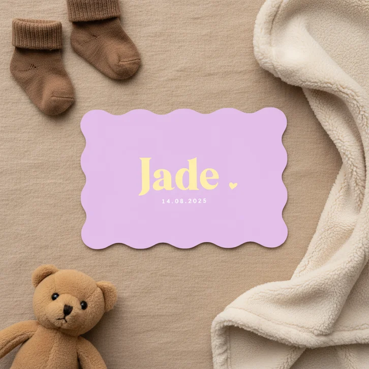 Hip lila colorblocking geboortekaartje meisje golvende rand